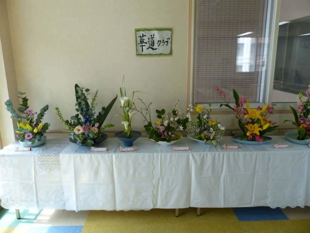華道クラブにて生け花の作品を展示している様子