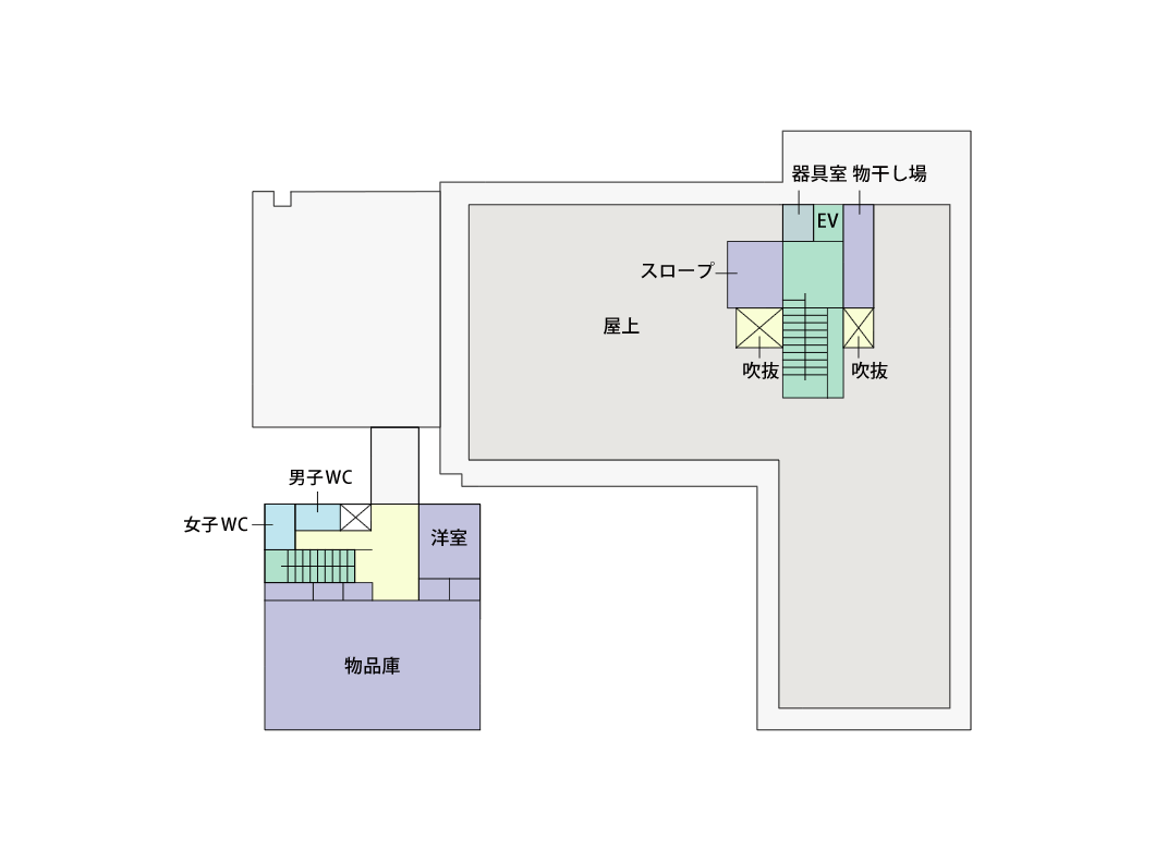3階のご案内。地域交流室、洋室、トイレ、スロープ、温室などがあります