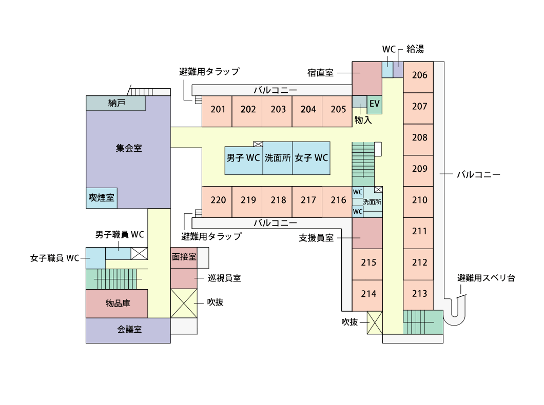 ２階のご案内。面接室、巡視員室、会議室、女子職員更衣室、階段、トイレ、集会室、セレモニーホール内に納戸・喫煙所・手洗いが施設の西側にあります。部屋（201号室から220号室まで）、男子・女子トイレ、洗面所があり、東側に男子介護室・女子介護室と部屋（206号室から215号室まで）があります