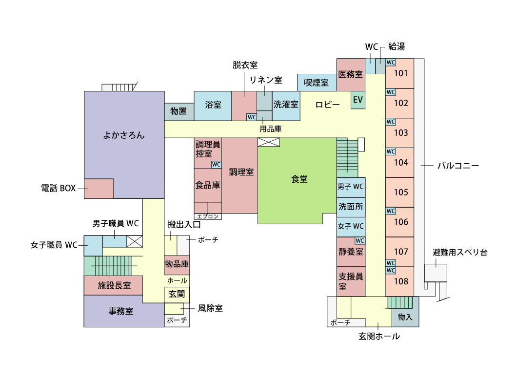１階のご案内。玄関、風除室、事務室、施設長室、トイレ、男子職員更衣室、搬出入口が西側にあります。作業室・リハ訓室、物置、浴室、脱衣室、リネン室、物入、洗濯室、調理員控室、食品庫・厨介庫、調理室、食堂、喫煙室、医務室、ＥＶが北側にあり、階段の横に男子トイレ・女子トイレ、静養室、介護職員室、部屋（101～108号室）があります